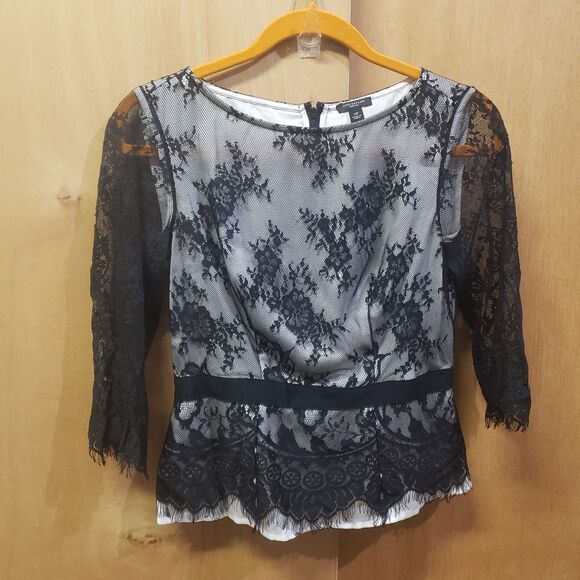 Vintage Ann Taylor 3-4 sleeves, boat neckline black lace over ivory top Sz 2P - Picture 2 of 6